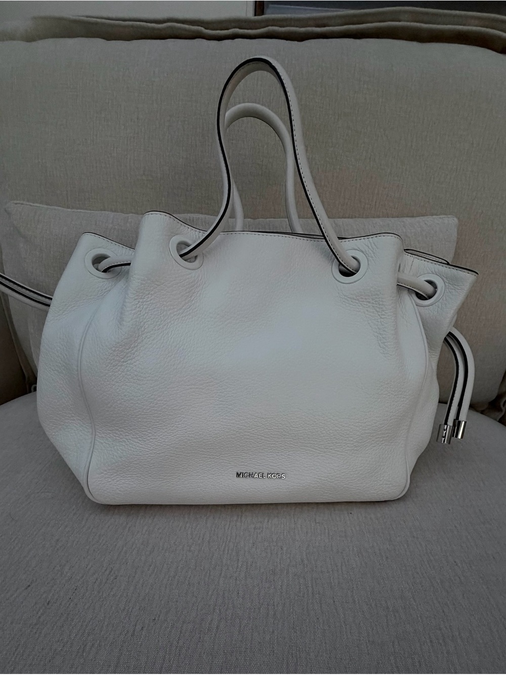 Michael Kors White Pebbled Leather Drawstring Tote with Black Trim
